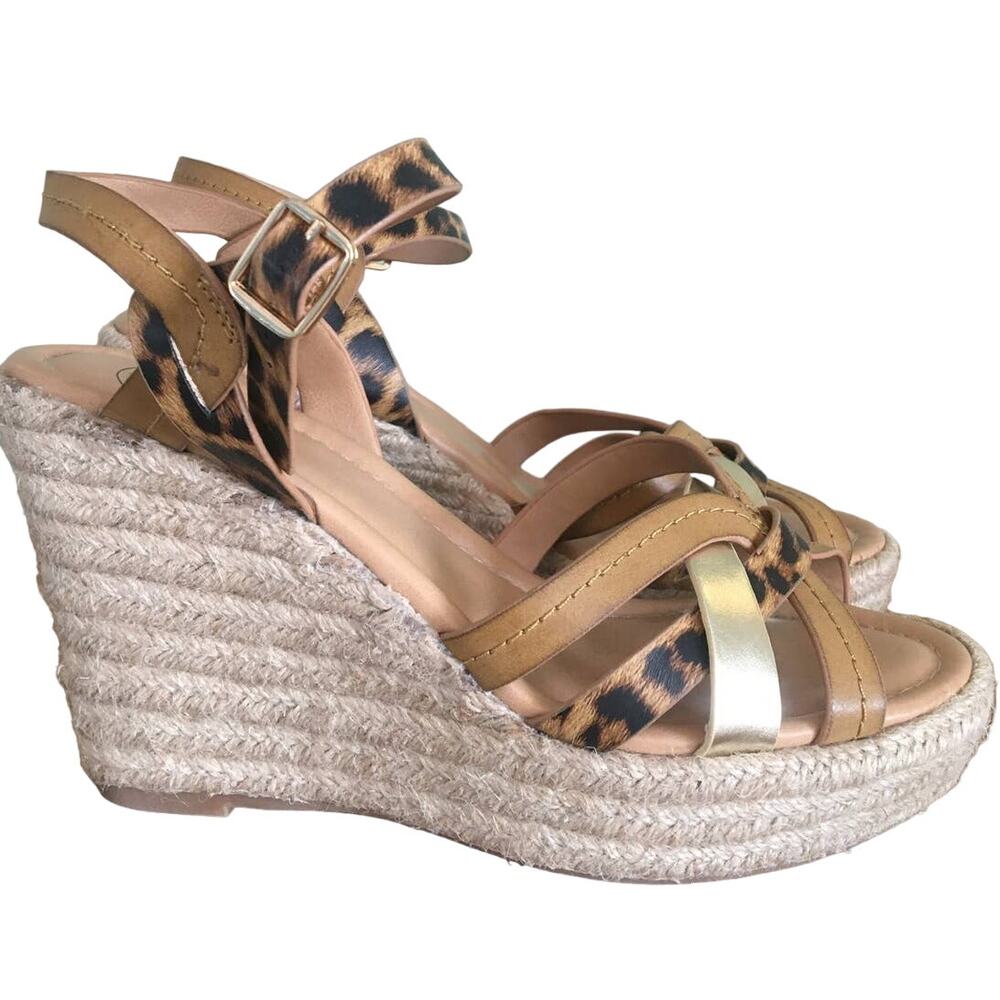 Dolce by Mojo & Moxy Damsal Size 7 4” Rafia Wedge Heel Gold Tan Cheetah Sandals